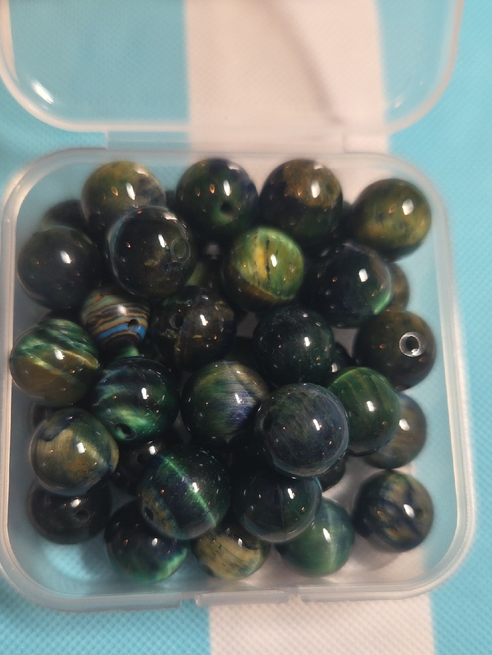 Bead Lot 12  Tigereye Gemstone Beads. 10mm.Green and Blue